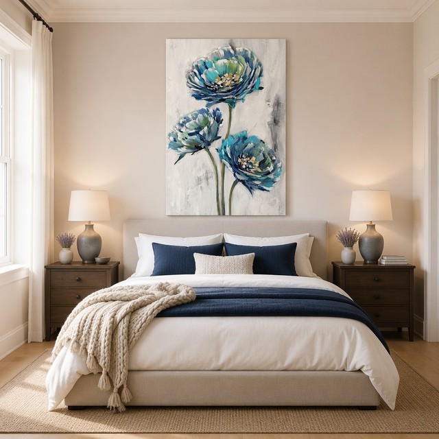 Blue Floral Impasto Wall Art Navy Cyan Peony Canvas Print Abstract Three Flowers Oil Painting Textured Modern Decor