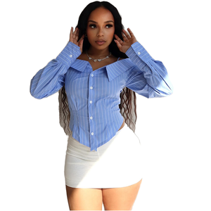 Camisa Vintage de Punto con Botones en la Parte Delantera, Estilo Casual, a Rayas, Hombros Descubiertos, Manga Larga, Ropa de Calle para Mujer, Modelo 60134 - Product Image 1