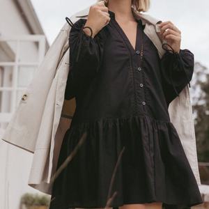 Robes décontractées du fabricant, col en V profond, couleur noire, taille haute, manches longues amples, robes d'été - Product Image 1