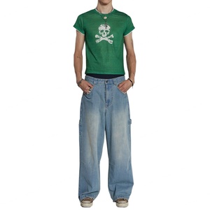 Jeans de carpintero holgados vintage para hombre al por mayor, de tiro bajo, de mezclilla gruesa con efecto slub, lavado claro - Product Image 2