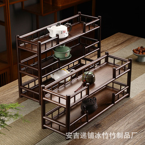 Bamboo Double Layer <b>Tea</b> Rack Storage <b>Stand</b> For Teapot Gaiwan Display Multi Functional Handmade Standing Type - Product Image 4