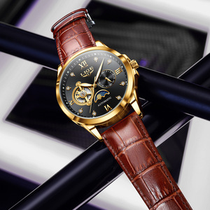 Lige Luxury Automatic Mechanical Watch Men's Stainless Steel Oval Case Glass <b>Crystal</b> Leather Strap <b>Moon</b> Phase Waterproof - Product Image 2