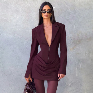 Lässiges Plissiertes Sexy Kleid Damen 2026 Elegantes Partykleid <span class=keywords><strong>Blazer</strong></span> Langarm Bodycon Mini Herbst Winter Kleid Vestidos - Product Image 2
