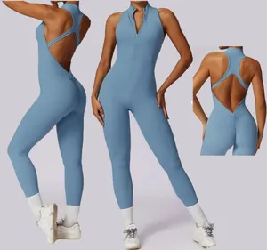 Costumes de sport de course pour femmes combinaison avec fermeture éclair Yoga sans manches Spandex Gym Fitness ensembles une pièce Yoga combinaisons femmes