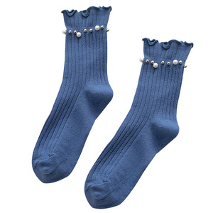 <span class=keywords><strong>Chaussettes</strong></span> ras du cou tendance pour femmes, motif volanté élégant avec perles, en coton tricoté, idéales pour le printemps – Vente en gros - Product Image 5
