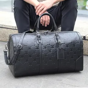 Custom LOGO Fashion Luxury High End Men's Black Full Grain Cow Leather Duffel Travel Weekender Duffle Bag