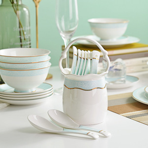 15/28/51-Piece Modern Minimalist Bone China Set From Jingdezhen, Featuring Blue and Gold Rim Designs - Product Image 3