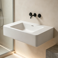 Lavabo mural rectangulaire moderne en acrylique marbré blanc mat, respectueux de l'environnement