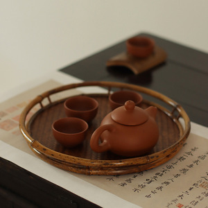 Bandeja de té redonda tejida a mano de bambú morado para almacenamiento de sets de té, mesa de preparación de té seco, accesorios para la ceremonia del té - Product Image 1