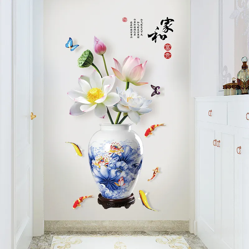 Wit Roze Lotus Vaas Muurstickers Leuke Vlinders Vissen Muurtattoo Voor Woonkamer Chinese Stijl Home Decoratie Behang