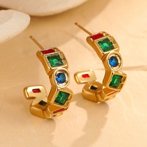 Pendientes de Aro de Acero Inoxidable con Circonita de Color de Alta Calidad Chapados en Oro de 18K Estilo Retro Europeo Americano, Geométricos, Modernos y de Moda al por Mayor - Product Image 3