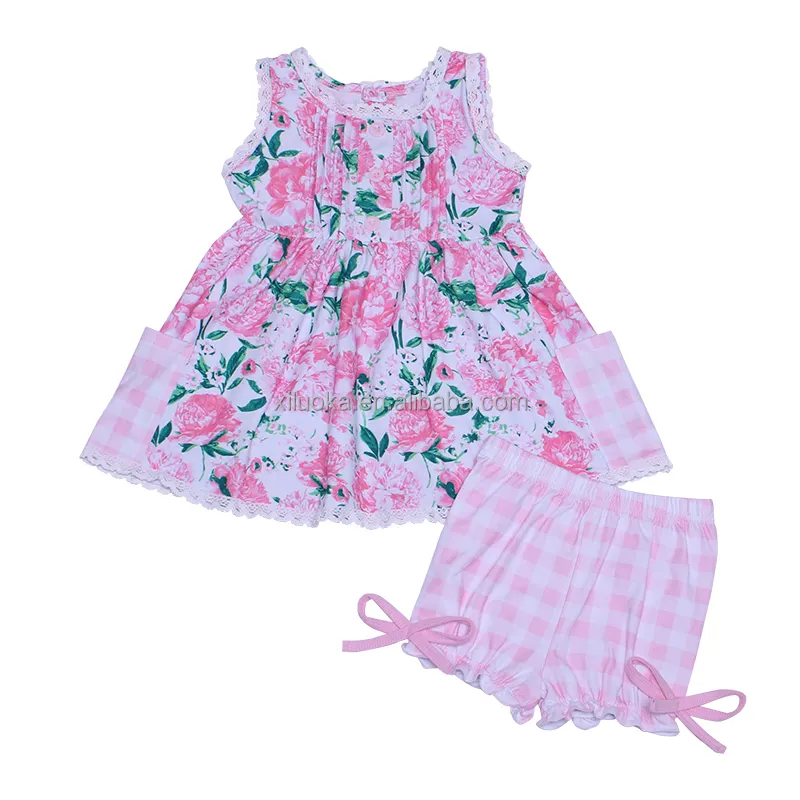 Hot Sale Sleeveless Girl Floral Two Pieces Outfits Kids Summer Clothing Set