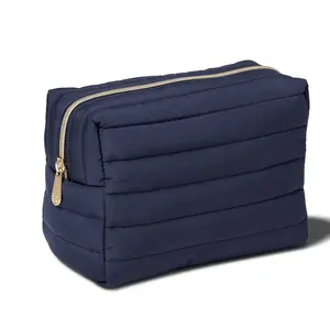 Tas Rias Nilon Perjalanan Persegi OEM Kustom Mode Grosir Tas Makeup Roti Puffer Navy