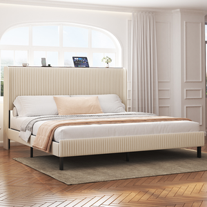 Lit plateforme King Size, cadre de lit en bois avec station de charge, aucun sommier tapissier nécessaire - Product Image 1