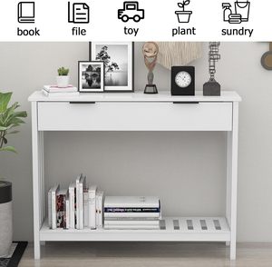 White Modern Narrow <strong>Console</strong> <strong>Table</strong> <strong>with</strong> <strong>Storage</strong>, Wood Entryway <strong>Table</strong> <strong>with</strong> Drawer, Sofa <strong>Table</strong> for Living Room, Hallway, Corridor - Product Image 2
