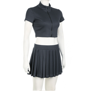Set estivi da donna Set gonna 2 pezzi per Party Club abiti con cerniera Top Coat Mini gonna a pieghe Patchwork vestiti da donna - Product Image 5