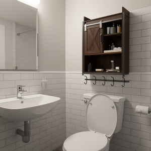 Étagère de rangement murale 3 niveaux en bois pour salle de bain, à fixer au-dessus des toilettes, avec 3 crochets, design rustique - Product Image 2