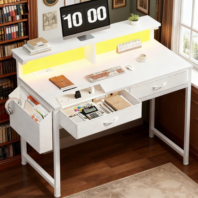 Wooden Modern Extendable Home Office Computer Desk Steel Frame Raised Hutch LED Built-in Power Dual Drawers Hidden Cable