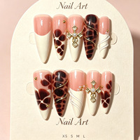 24 faux ongles à presser, forme stiletto, imprimé léopard, French manucure, motif croix dorée, avec lime à ongles, vente en gros, dropshipping