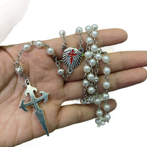 Collier chapelet en fausses perles 6MM, pendentif croix vintage en alliage, chaîne perlée, bijoux religieux pour femmes et hommes - Product Image 4