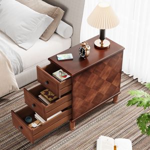 Table d'appoint en bois massif, design rétro, trois tiroirs, rangement pour canapé de chambre, meubles de style américain - Product Image 2