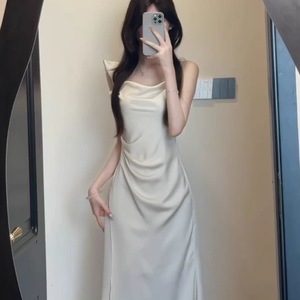 French Style <b>Satin</b> <b>Halter</b> Neck Dress Natural Waist Asymmetric Midi Evening Dress Solid Color Comfortable Fit - Product Image 5