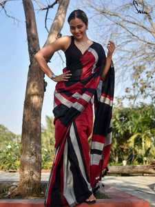 Sarees de Algodón Khadi de la Mejor Calidad con Bordado de Barra de Color y Borlas (Con Blusa), para Oficina/Uso Diario y Fiestas - Product Image 3