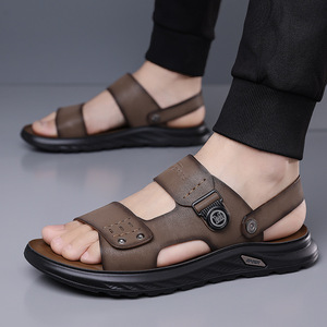 Men's Genuine Leather Solid Flat Sandals Open Toe Anti Slip Rubber Outsole Embossed Logo Casual <b>Beach</b> Driving Outdoor <b>Shoes</b> - Product Image 2
