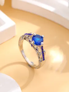 خاتم للسيدات فضي و ابيض فاخر من مجوهرات موضة الماس الزركون الأزرق 925 خاتم فضي