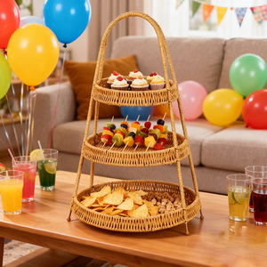 Nouveau panier de rangement en plastique tressé <span class=keywords><strong>fait</strong></span> à la <span class=keywords><strong>main</strong></span>, durable, <span class=keywords><strong>lavable</strong></span>, multi-couches, pour collations, trois étages - Product Image 5