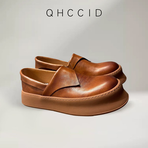 Qhccid Mocassins à enfiler pour hommes en cuir véritable marron, à talon moyen, rehaussant la taille, chaussures décontractées de couleur unie avec bord plié - Product Image 4
