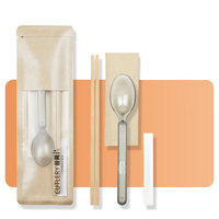 Baguettes en bambou emballées dans du papier kraft brun biodégradable, cuillère en plastique jetable, écologique, moderne, emballage personnalisé