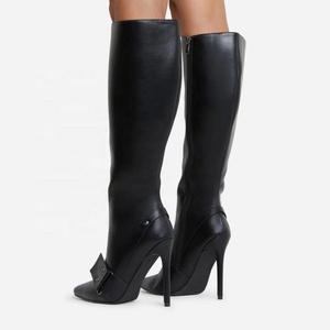 Light Denim Blue Women Buckles Knee High Boots Stiletto Thin Heels <b>Shoes</b> Side Zipper Point Toe Long Booties - Product Image 3