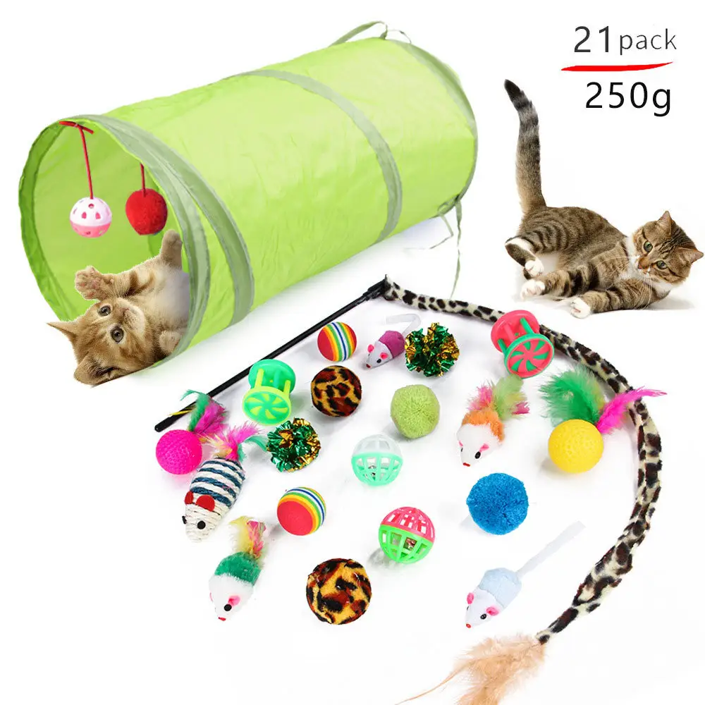 interactive Cat Toy Set Kitten Toys pack Tunnel Cat Feather Teaser Wand Toy Fluffy Mouse Crinkle Balls