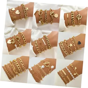 KISSWIFE 2024 Hot Sale Gold Plated Black Lover Love Heart Charm Bracelet Geometric Link Cuban Chain Bracelet Set