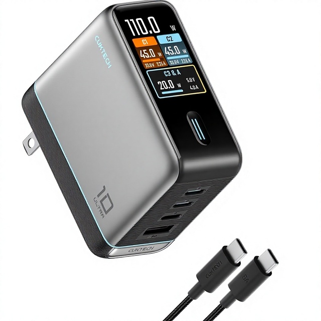 CUKTECH 120W Max Laptop Charger GaN 4-Port 3C1A Smart Display Touch Control PD Fast Charge Cable Compact Adapter US EU Plug