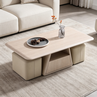 Mesa de Centro Moderna con 2 Otomanas de Cuero PU, Acabado en Madera PVC, Mesa de Centro con Almacenamiento para Muebles de Sala de Estar