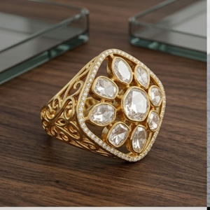 925 Silver Polki Kundan Statement <b>Ring</b> <b>Gold</b> Adjustable Traditional Jewelry for Women Party Wear Fashion - Product Image 2