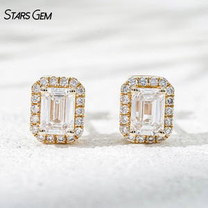 StarsGem 10K Solid Gold <b>Lab</b> Grown Diamond Stud Earrings 1.24CTW DEF VS Emerald Cut Halo Style - Product Image 1