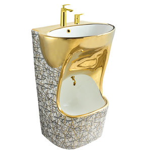 Lavabo da Bagno in Ceramica Bianca con Finitura Dorata Elettroplaccata Lucida, Design Moderno Ovale con Motivo a Linee Grigie, Premium per Hotel - Product Image 1