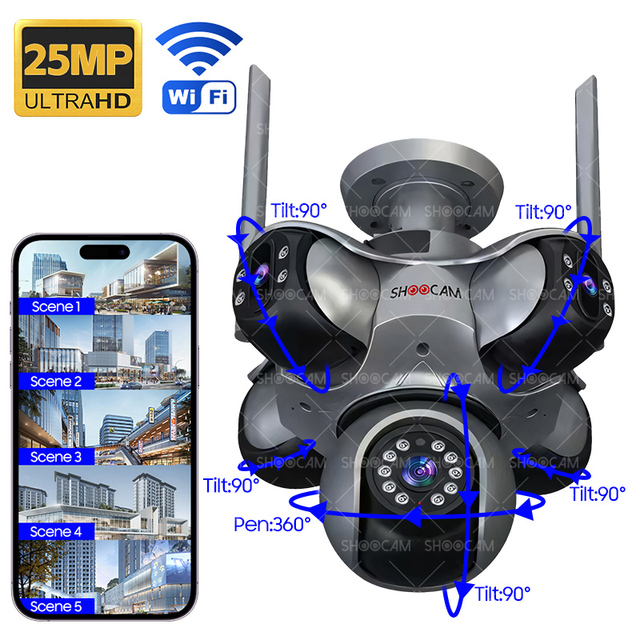 ShooCam Real 5-lens 5in1 Camera 8K Cmos Sensor Network Camera FFvideo App Control 4 PTZ Motion Detection Sound Alarm Wifi Camera