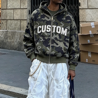 Sweat à capuche oversize zippé en molleton français 420 g/m² avec logo personnalisé, motif camouflage vintage streetwear pour homme, en coton épais imprimé camouflage