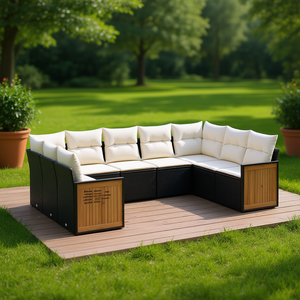 Ensemble de canapés de jardin en rotin noir avec coussins crème, 6 places, mobilier d'extérieur résistant aux intempéries, design contemporain, bois de teck - Product Image 2