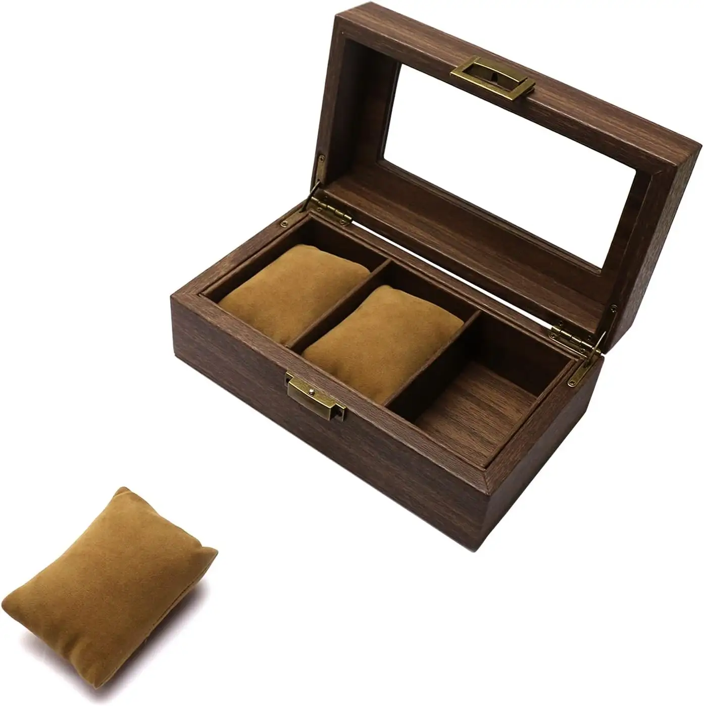 Caja de reloj de madera de diseño moderno con bisagra de metal Organizador de almacenamiento rectangular para accesorios de hombre Color marrón