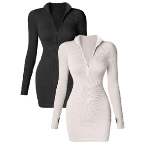 2024 Primavera Verano nueva moda <span class=keywords><strong>Sexy</strong></span> mono de mujer <span class=keywords><strong>Sexy</strong></span> acanalado cremallera frontal de manga larga Top Mini falda de cadera viaje de calle - Product Image 2