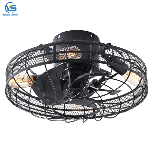 XD97 Vintage Industrial 4-Light Low Profile Ceiling Fan With Light Black Metal Cage Ceiling Fan Light for Farmhouse Restaurants
