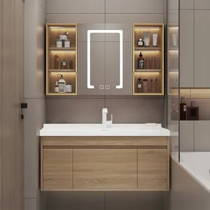 Armario de almacenamiento con lavabo para baño, mueble de madera maciza con espejo Led personalizado, Moderno