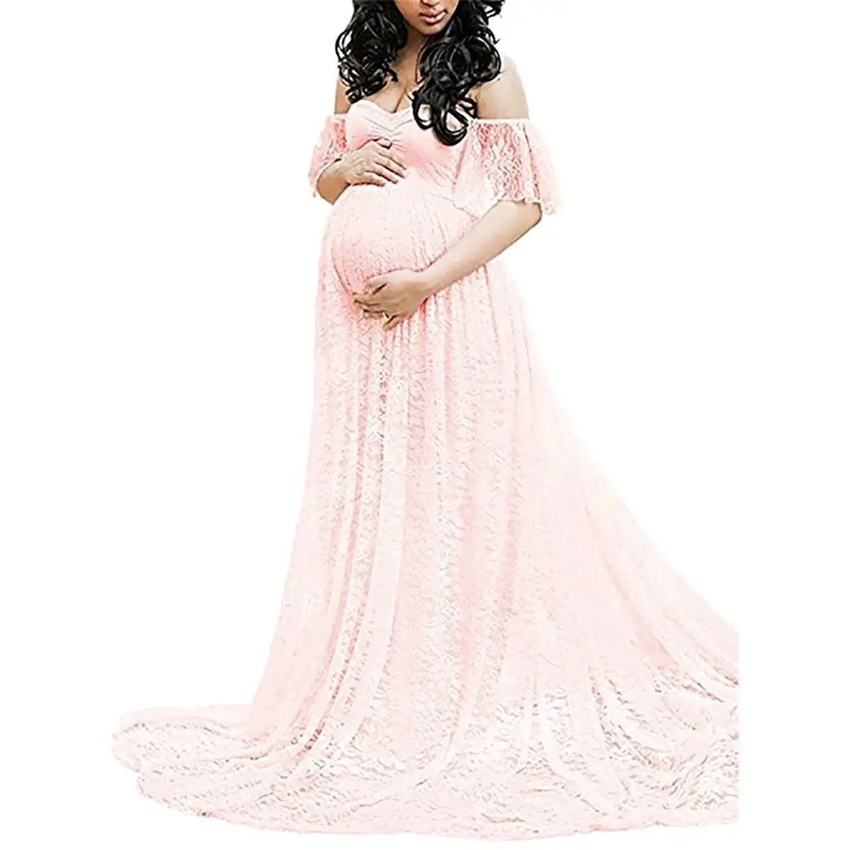 encantador para mamá vestido de maternidad largo de gasa con hombros descubiertos cuidado de enfermería vestido elegante para boda Vestido de maternidad para mujeres embarazadas