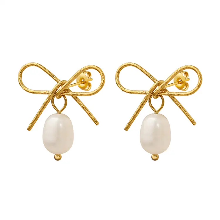 Fashion fine stainless steel freshwater pearl earring 18k gold plated bow stud earring