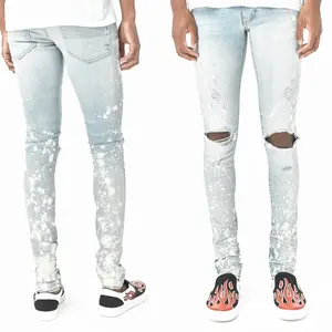 OEM premium model ripped denim fitted Bleach Splatter trousers skinny high quality jeans men